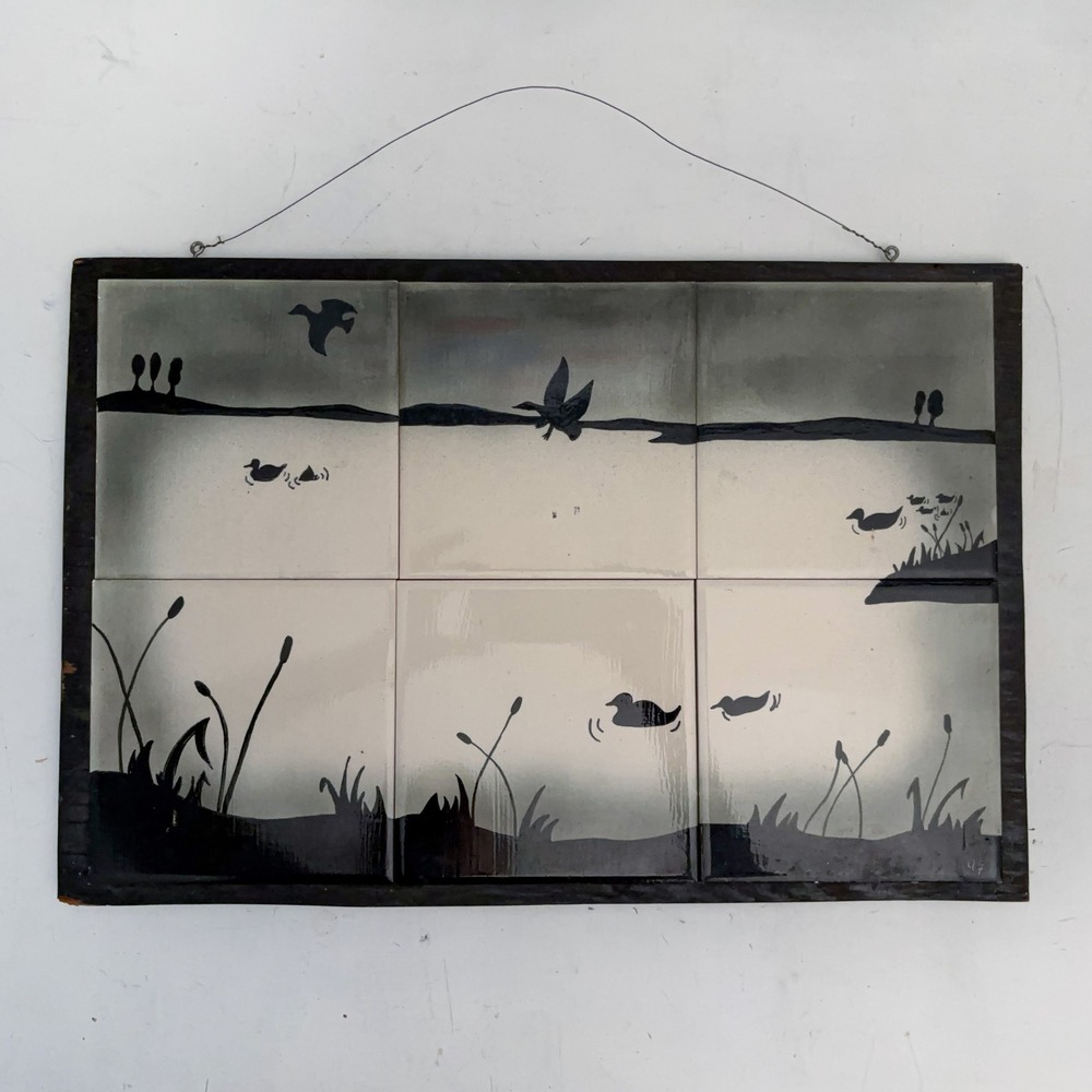 VTG 90s Hand Painted Duck Marsh Tile Mural Wood Frame Wall Art 19.5" x 13"